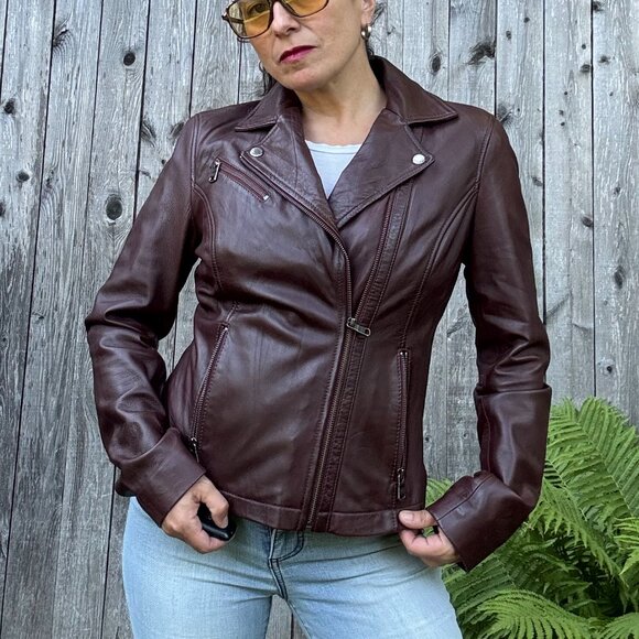 NWOT ANDREW MARC Burgundy Women's Moto Leather Jacket Size M - Picture 1 of 16